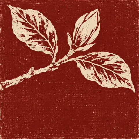 A magnolia twig with two leaves and a bud in rust, burgundy, stone, terracotta; square artwork.