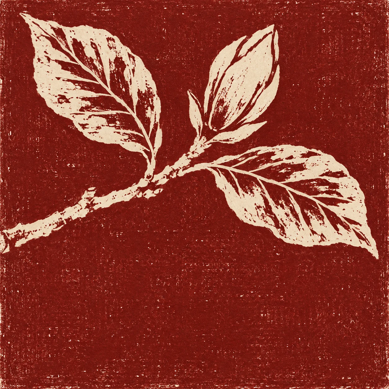 A magnolia twig with two leaves and a bud in rust, burgundy, stone, terracotta; square artwork.