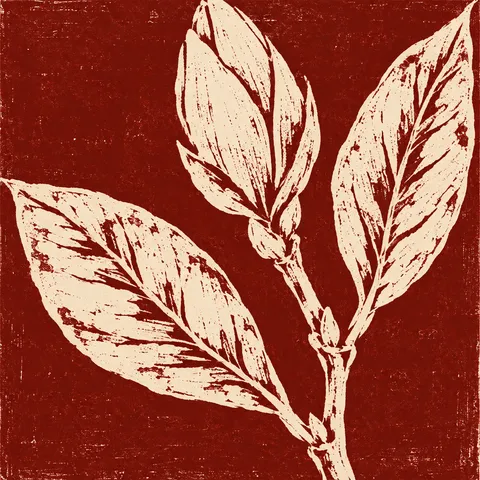 A magnolia twig with two leaves and a bud in burgundy, cream, blush, rust; square artwork.