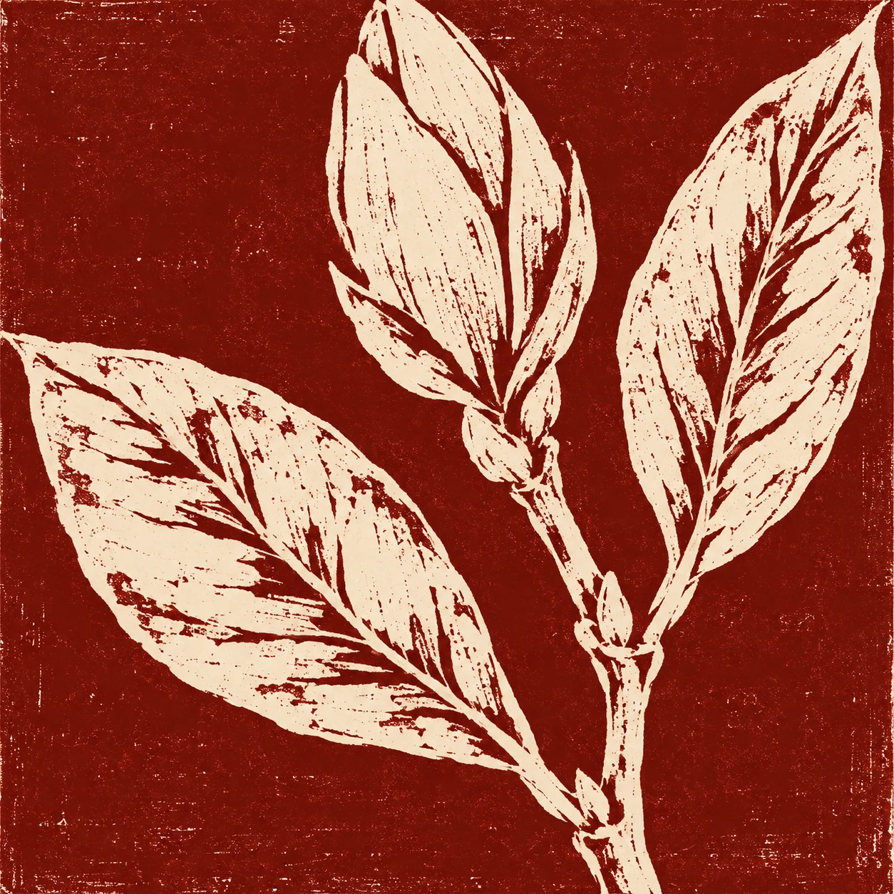 A magnolia twig with two leaves and a bud in burgundy, cream, blush, rust; square artwork.
