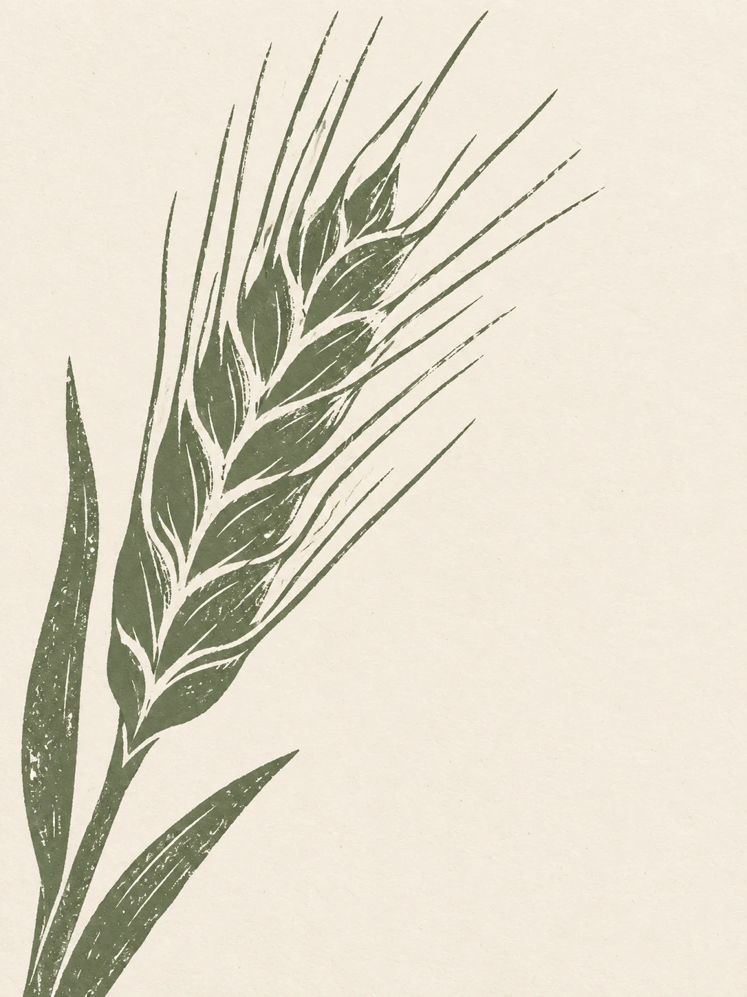 A wheat ear with its awns in white, sage, cream; portrait artwork.