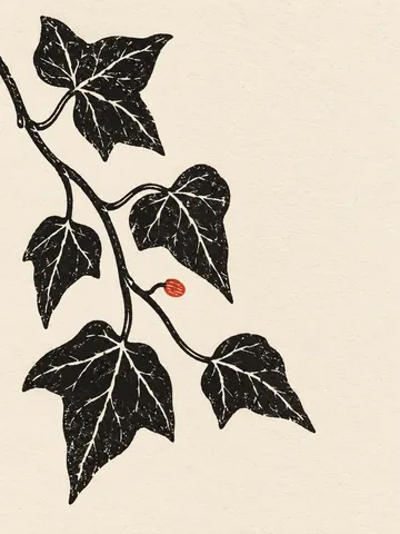 An ivy shoot with five leaves in white, cream, charcoal, gray; portrait artwork.