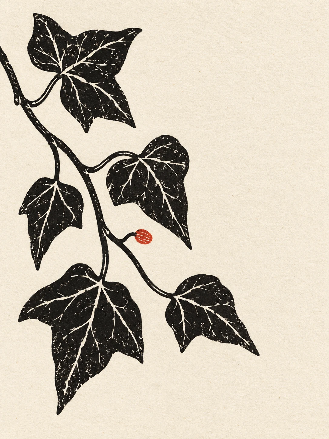 An ivy shoot with five leaves in white, cream, charcoal, gray; portrait artwork.