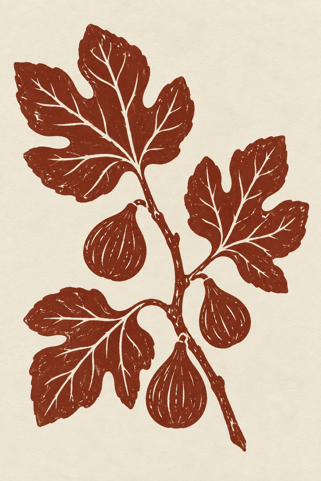 A fig branch with three leaves in cream, rust, terracotta, stone; portrait artwork.