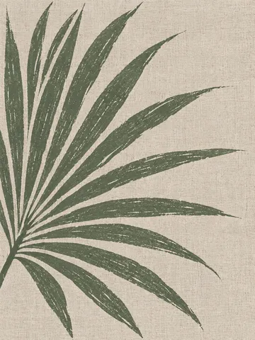 A palm frond fanning from one point in stone, olive, cream, sage; portrait artwork.