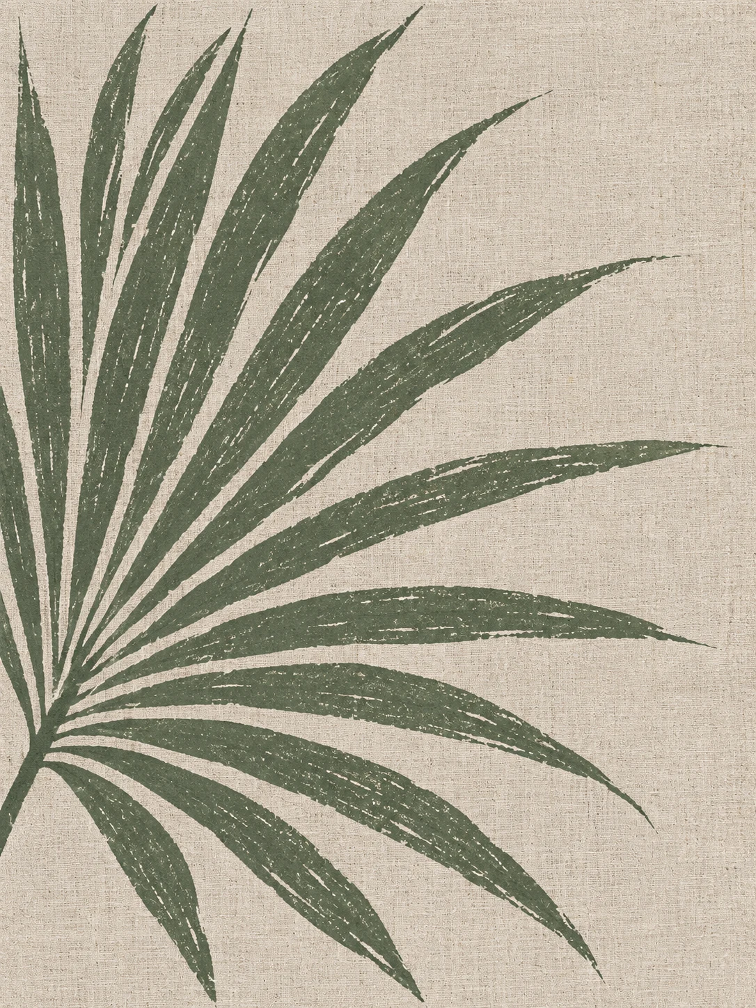 A palm frond fanning from one point in stone, olive, cream, sage; portrait artwork.