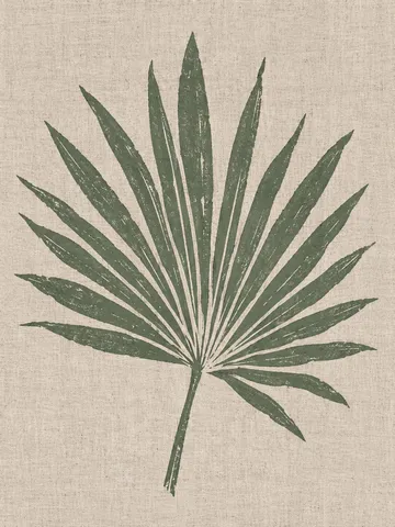 A palm frond fanning from one point in stone, cream, olive, taupe; portrait artwork.