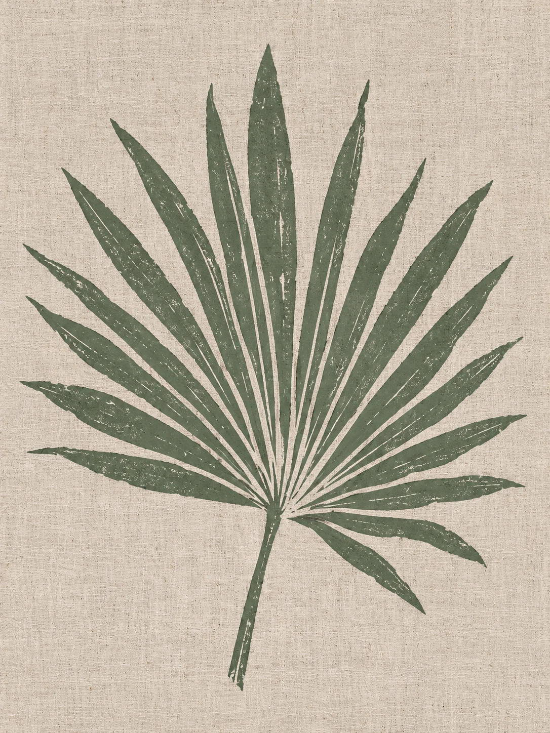 A palm frond fanning from one point in stone, cream, olive, taupe; portrait artwork.
