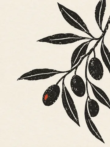 An olive spray with fruit in white, charcoal, cream; portrait artwork.