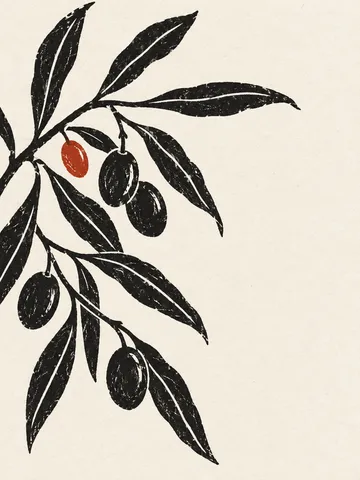An olive spray with fruit in white, charcoal, stone; portrait artwork.