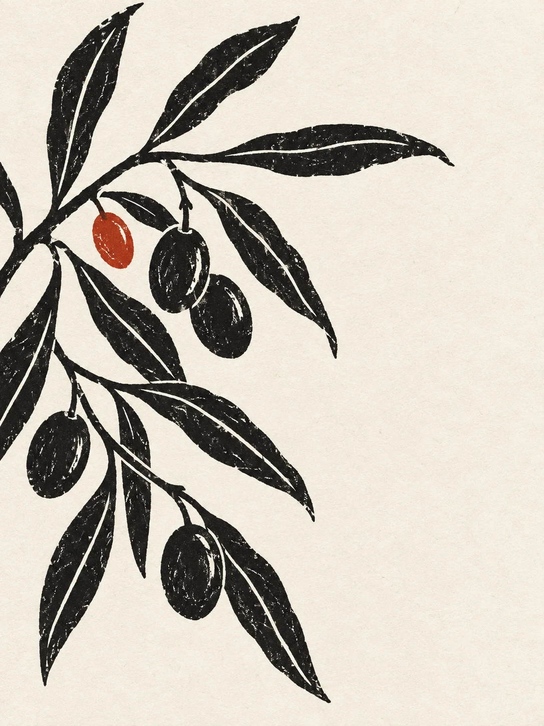 An olive spray with fruit in white, charcoal, stone; portrait artwork.