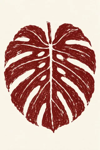 A monstera leaf split to the rib in white, rust, burgundy, stone; portrait artwork.