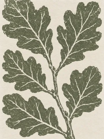An oak branch with five leaves in olive, cream, gray, taupe; portrait artwork.