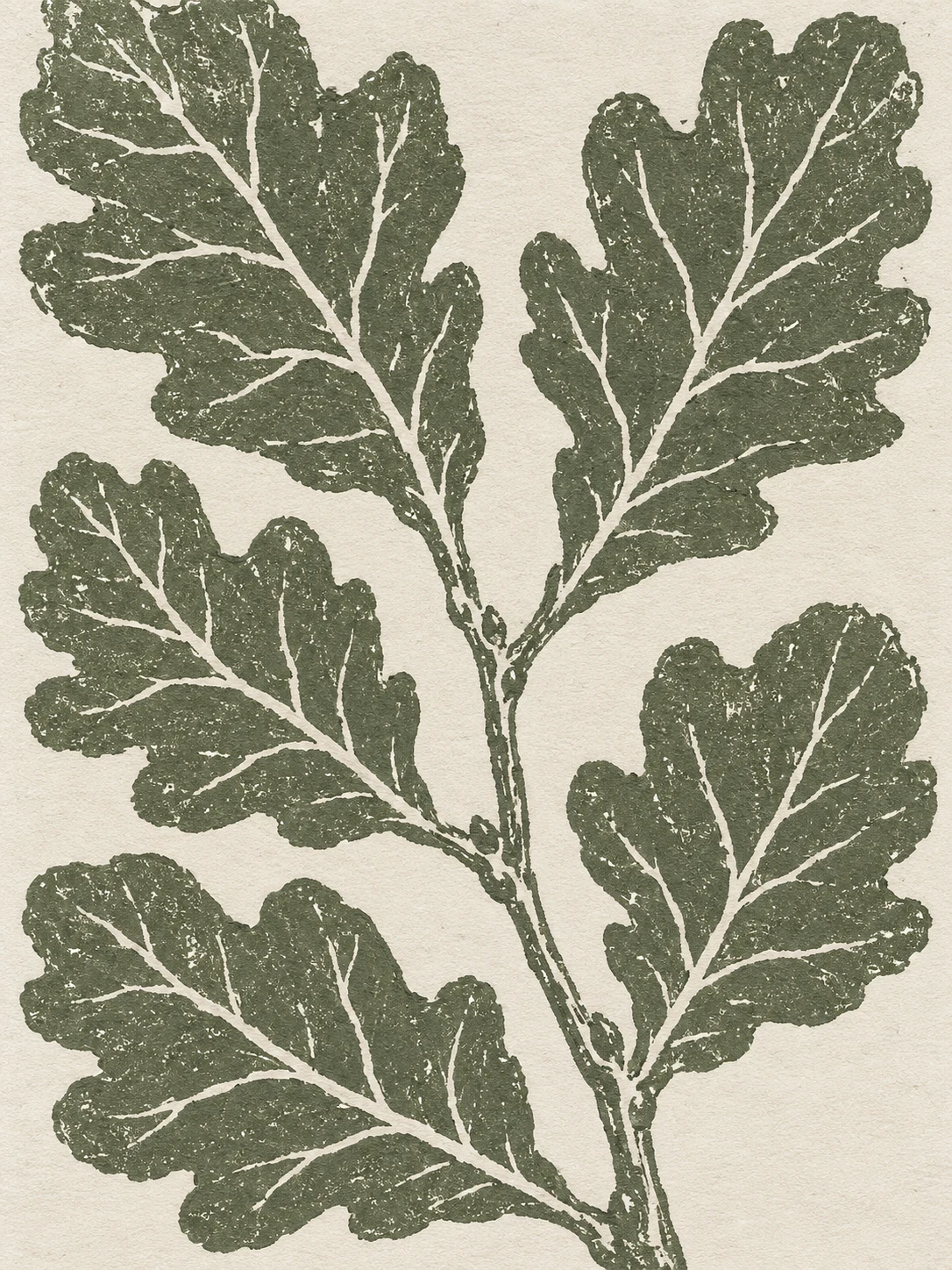 An oak branch with five leaves in olive, cream, gray, taupe; portrait artwork.