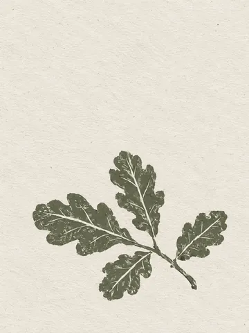 An oak branch with five leaves in cream, olive; portrait artwork.