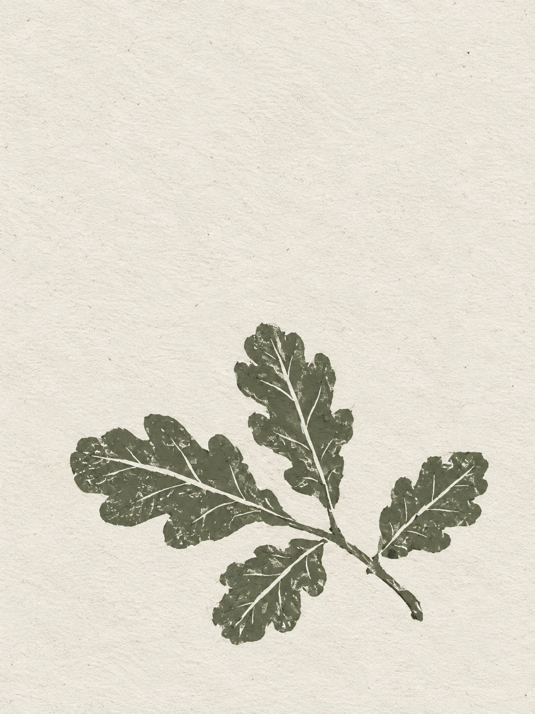 An oak branch with five leaves in cream, olive; portrait artwork.
