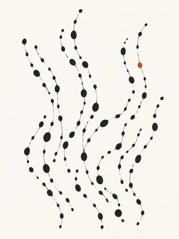 Rows of uneven dots in white, stone; portrait artwork.