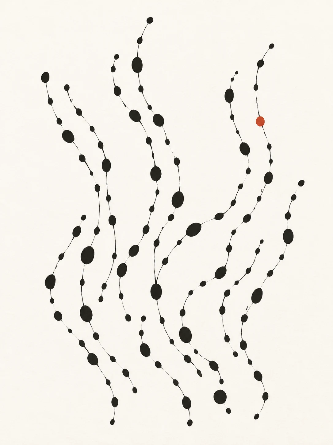 Rows of uneven dots in white, stone; portrait artwork.