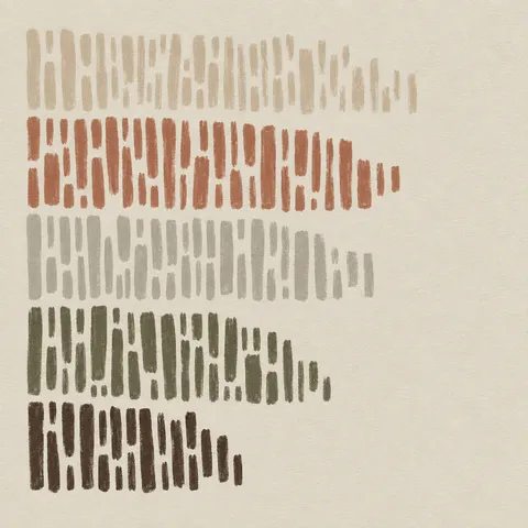 A grid of short dashes in cream, stone, sand, taupe; square artwork.
