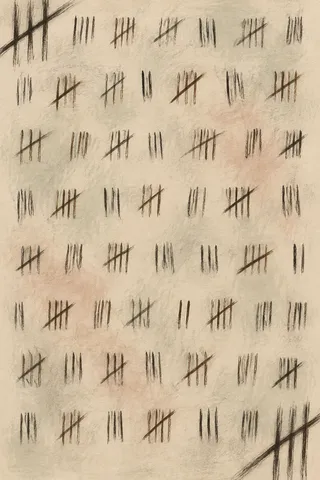 Stacked tally marks in stone, cream, sand, sage; portrait artwork.