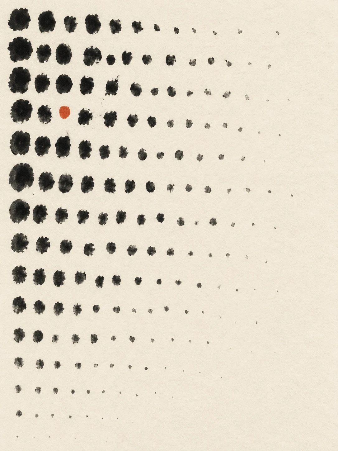 A field of pressed dots fading down in cream, white, gray; portrait artwork.