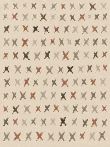 Repeated crosses in loose rows in cream, stone, gray; portrait artwork.