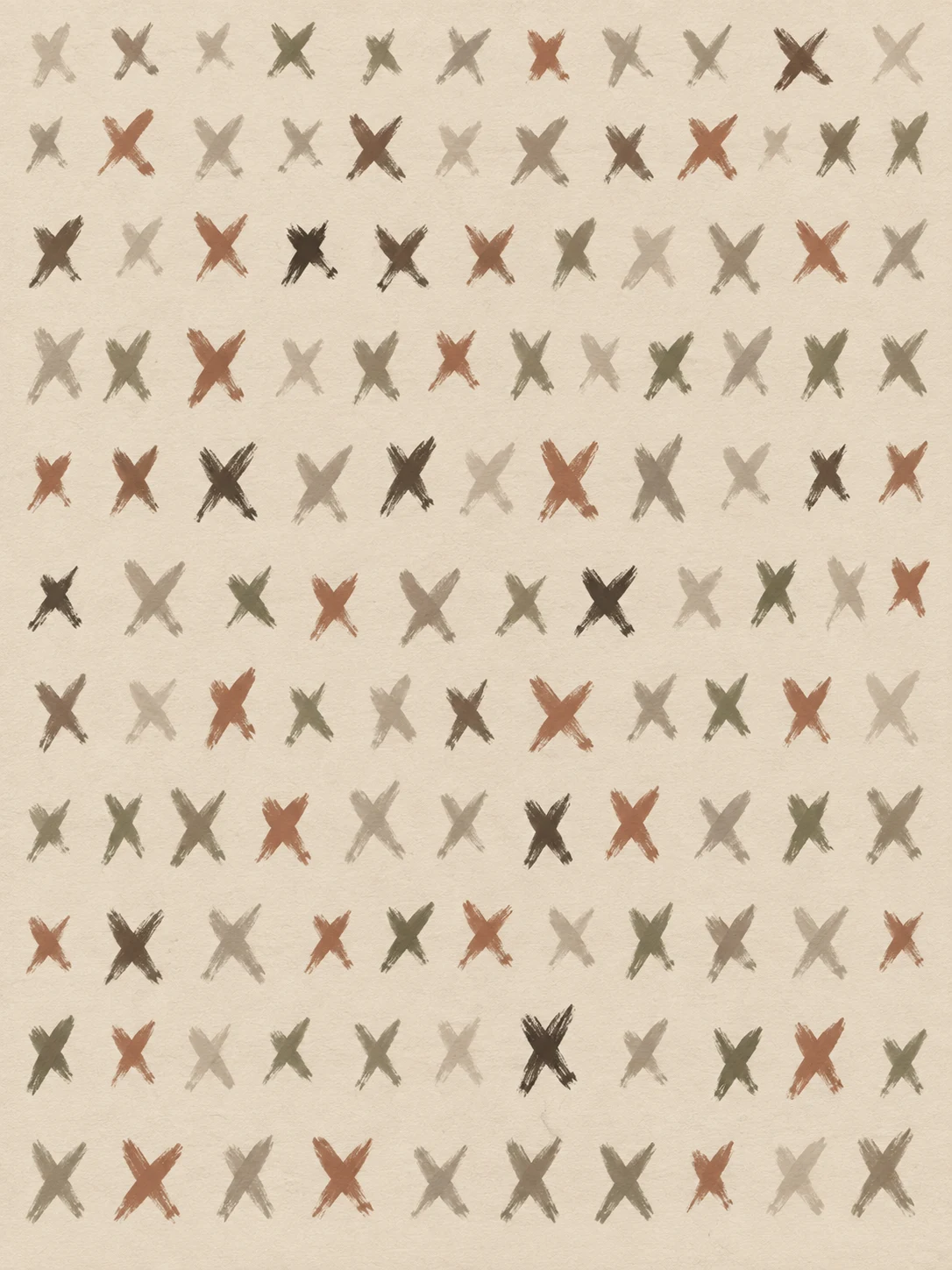 Repeated crosses in loose rows in cream, stone, gray; portrait artwork.