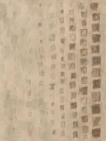 A column of drawn squares in stone, sand, taupe; portrait artwork.