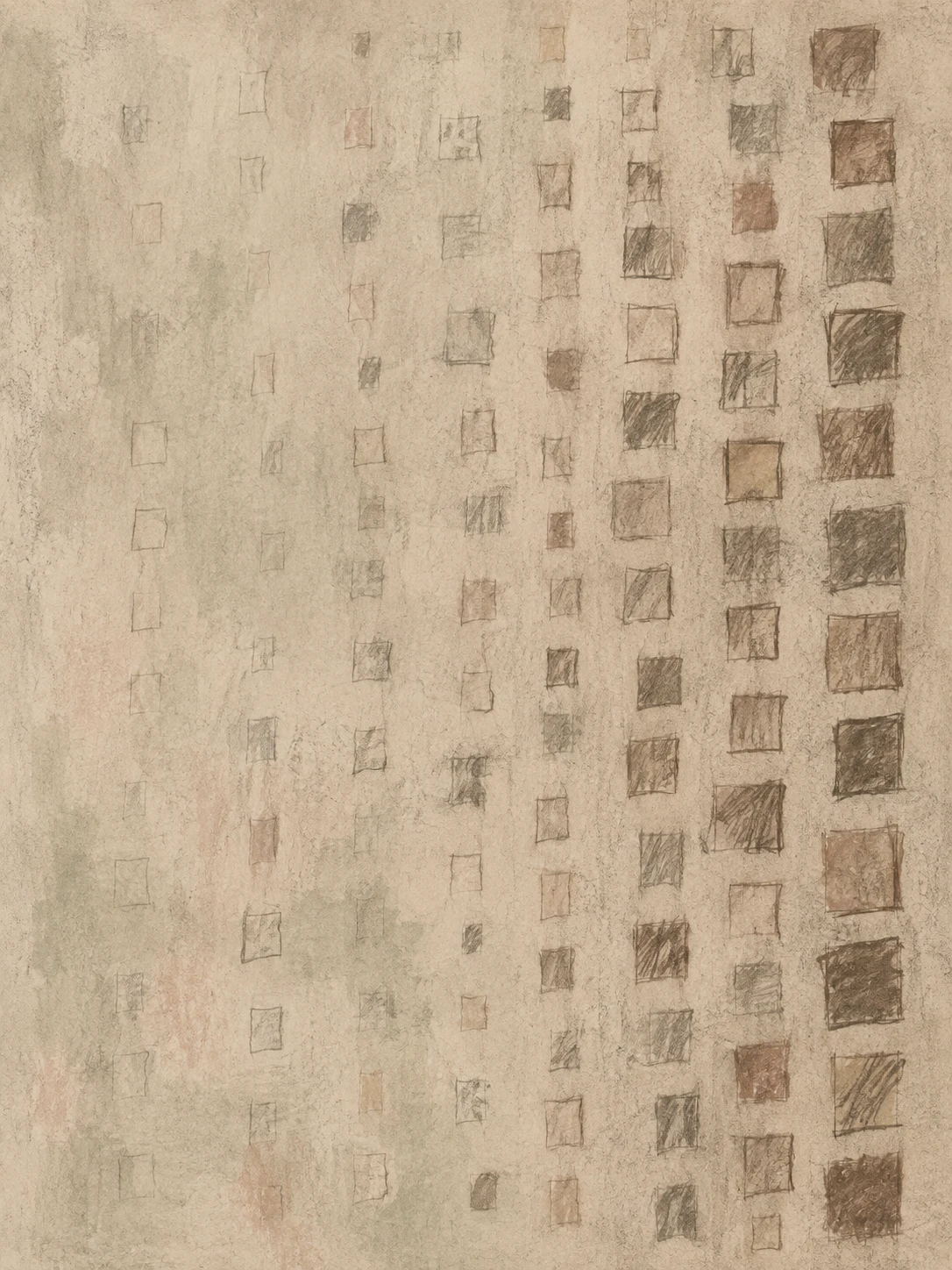 A column of drawn squares in stone, sand, taupe; portrait artwork.
