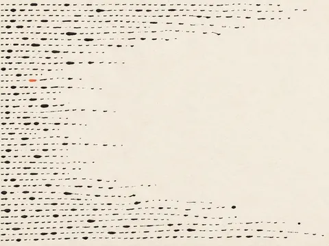 Stitched-looking running marks in white, cream, stone; landscape artwork.
