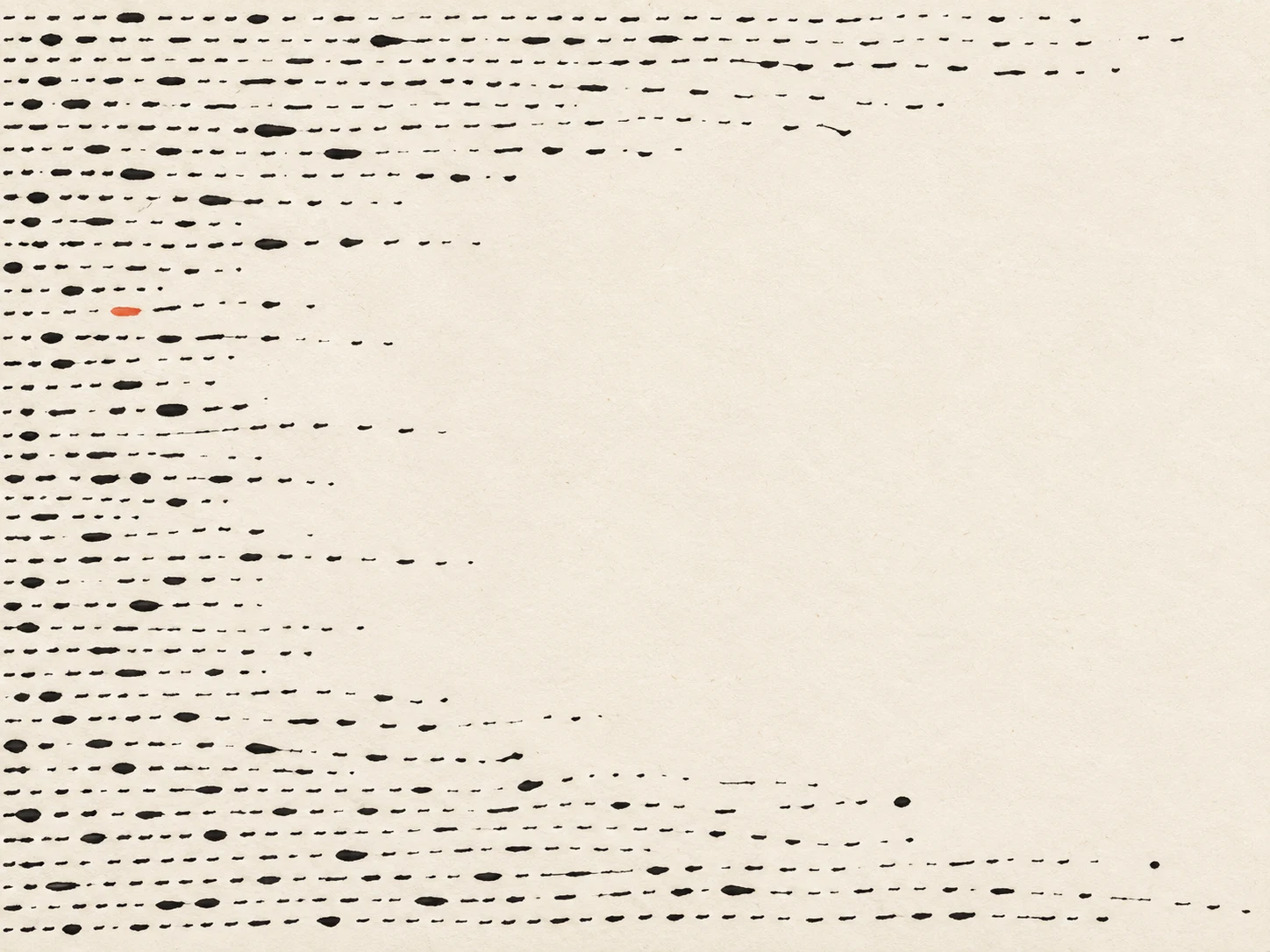 Stitched-looking running marks in white, cream, stone; landscape artwork.