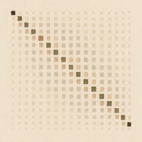 A grid softened at its edges in cream, stone; square artwork.