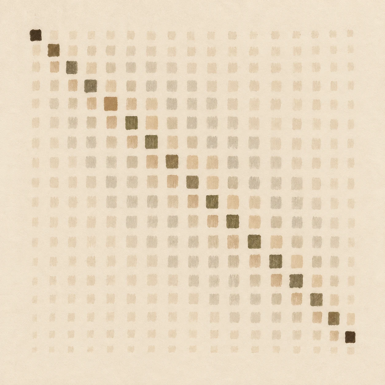 A grid softened at its edges in cream, stone; square artwork.