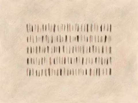 Rows of short vertical strokes in cream, sand; landscape artwork.