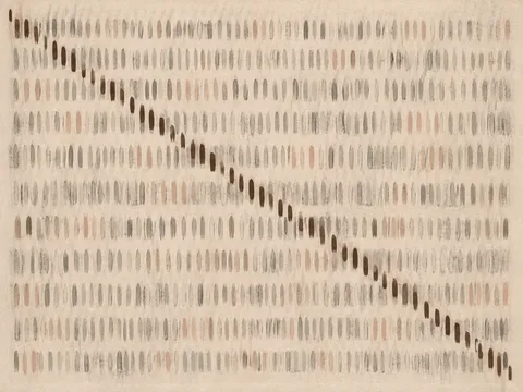 Rows of short vertical strokes in stone, cream, sand; landscape artwork.