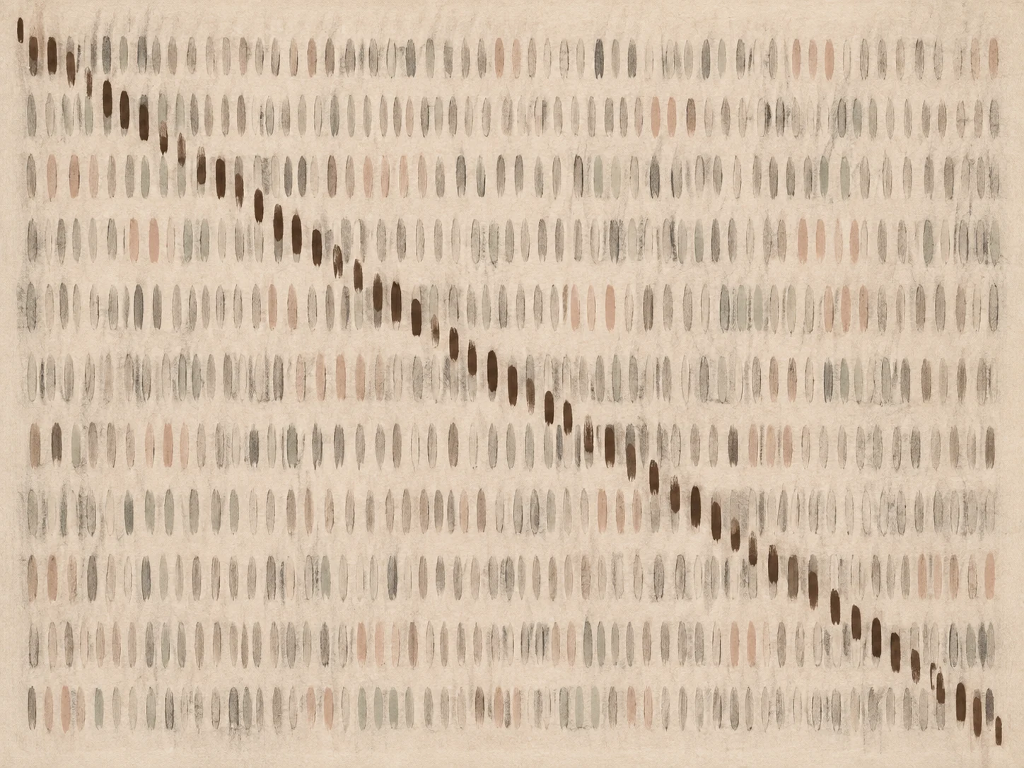 Rows of short vertical strokes in stone, cream, sand; landscape artwork.