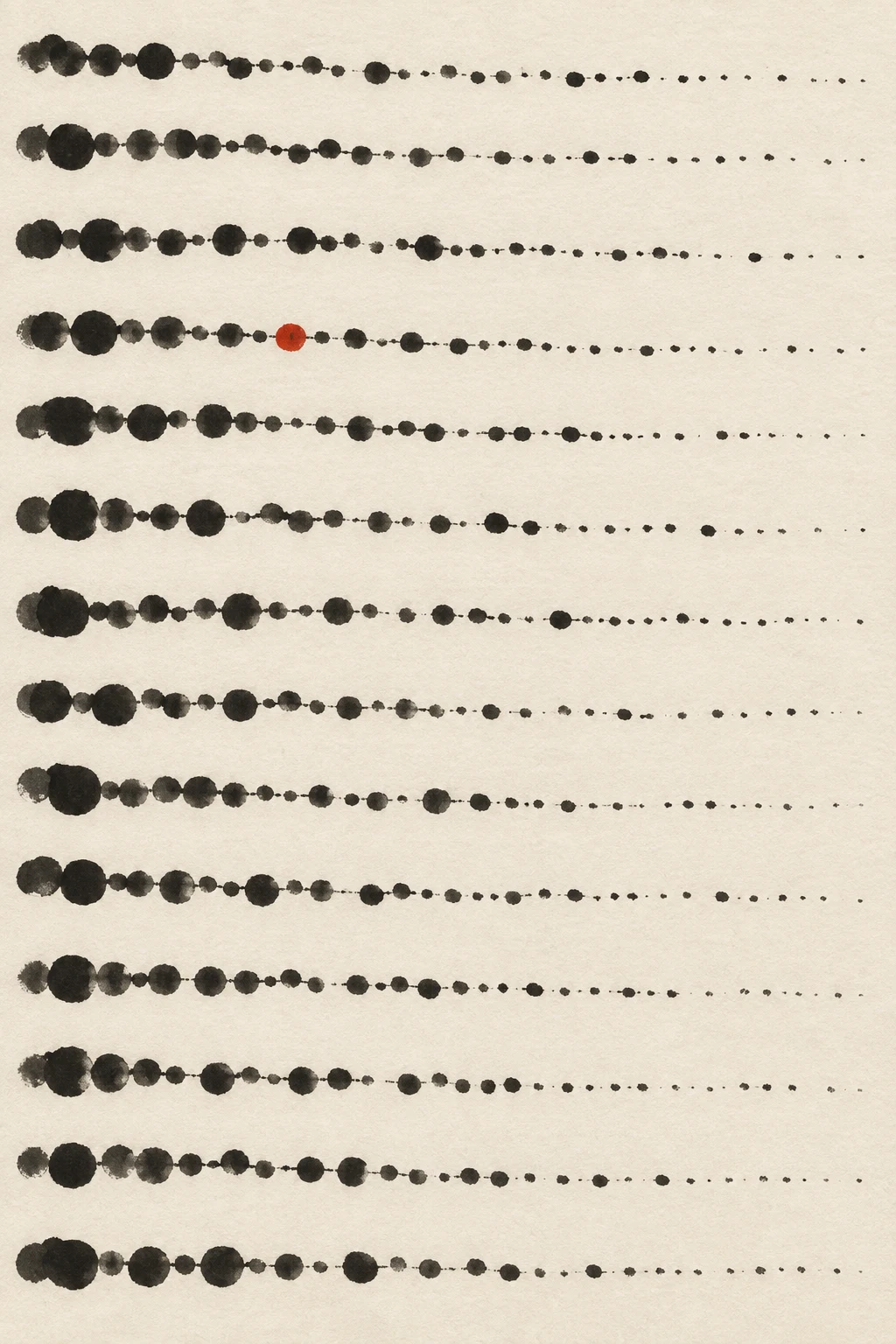 A drift of small circles in cream, stone, gray; portrait artwork.