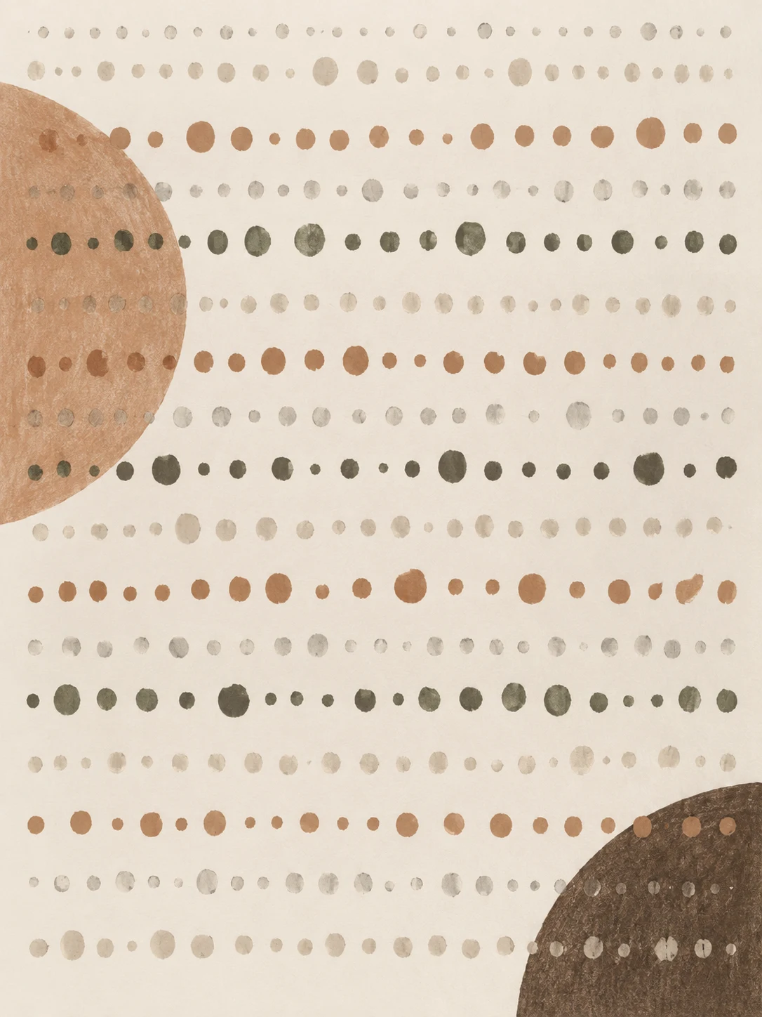 Rows of uneven dots in cream, sand, taupe; portrait artwork.