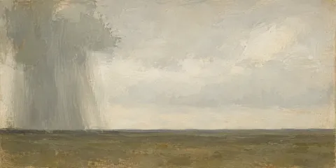 A rain column crossing a plain in stone, sage, olive, cream; panoramic artwork.