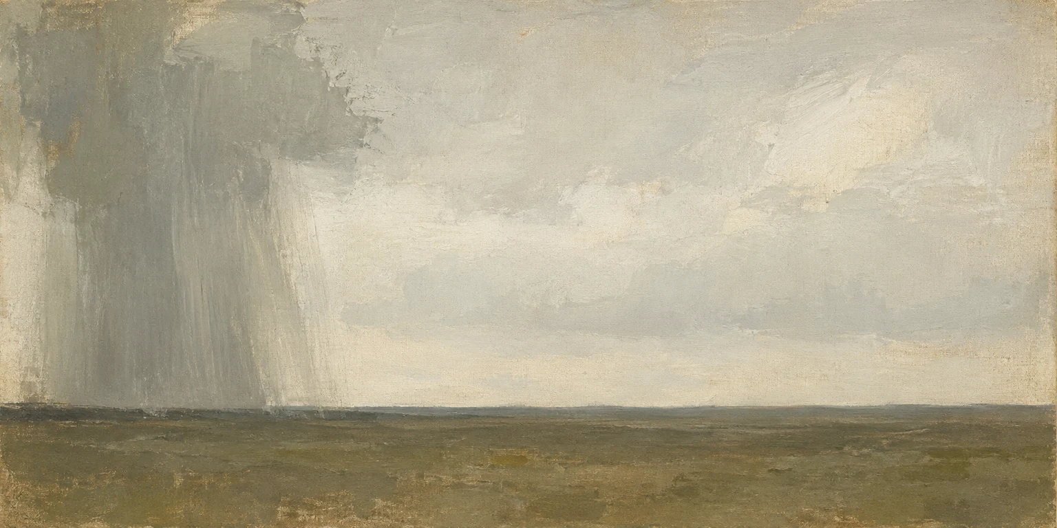 A rain column crossing a plain in stone, sage, olive, cream; panoramic artwork.