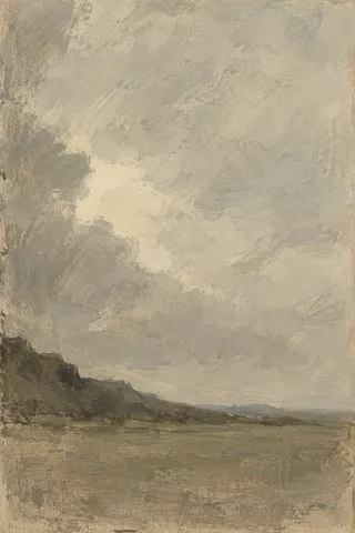 A break in cloud over low hills in sand, stone, taupe, sage; portrait artwork.