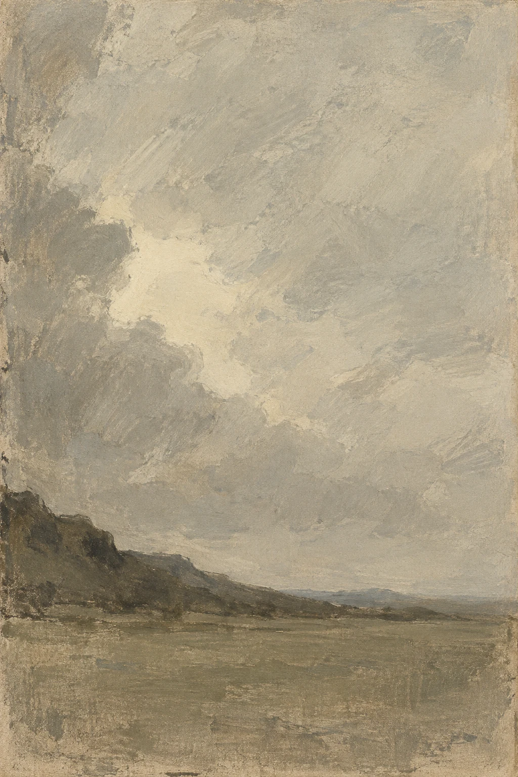 A break in cloud over low hills in sand, stone, taupe, sage; portrait artwork.