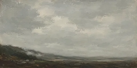 Fog holding in a shallow valley in stone, gray, charcoal; panoramic artwork.