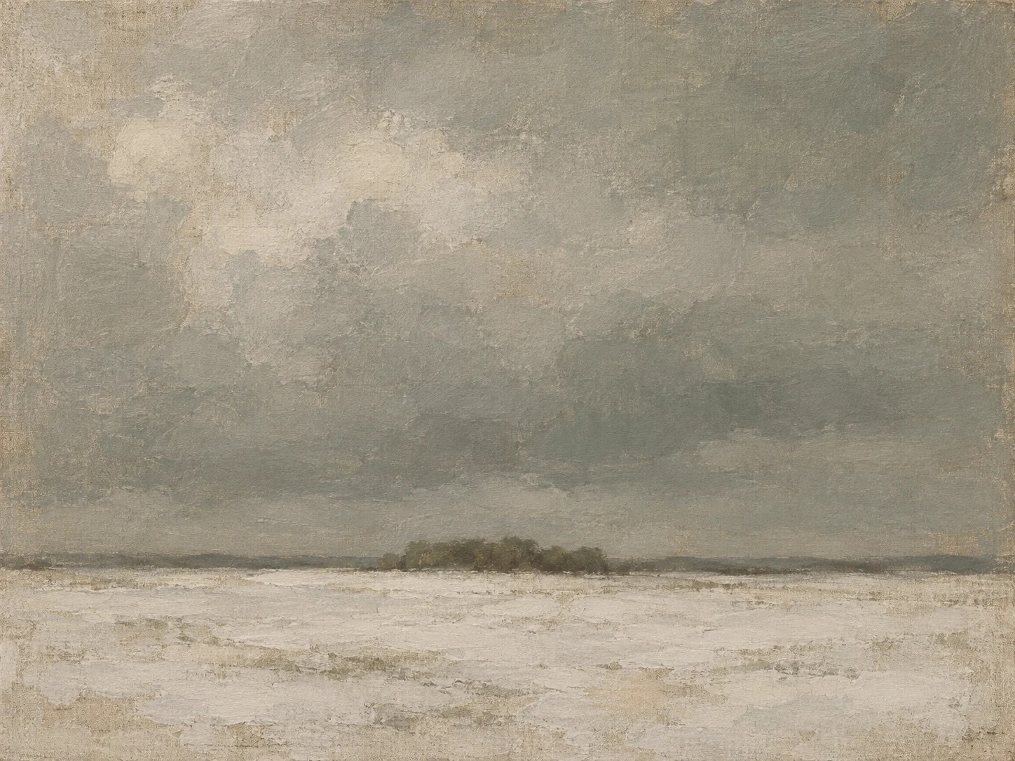 A snow field under a bruised sky in gray, stone, taupe, sand; landscape artwork.