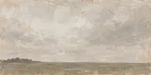 A single dark treeline under a wide sky in stone, sage, cream, sand; panoramic artwork.