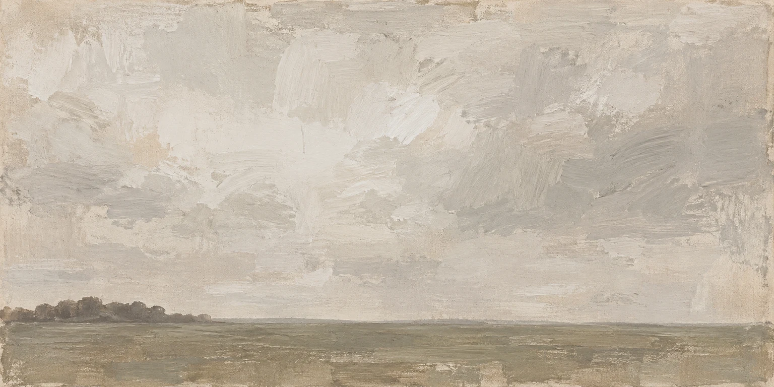 A single dark treeline under a wide sky in stone, sage, cream, sand; panoramic artwork.