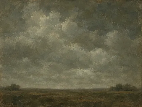A dust haze over a flat horizon in olive, taupe, charcoal, brown; landscape artwork.
