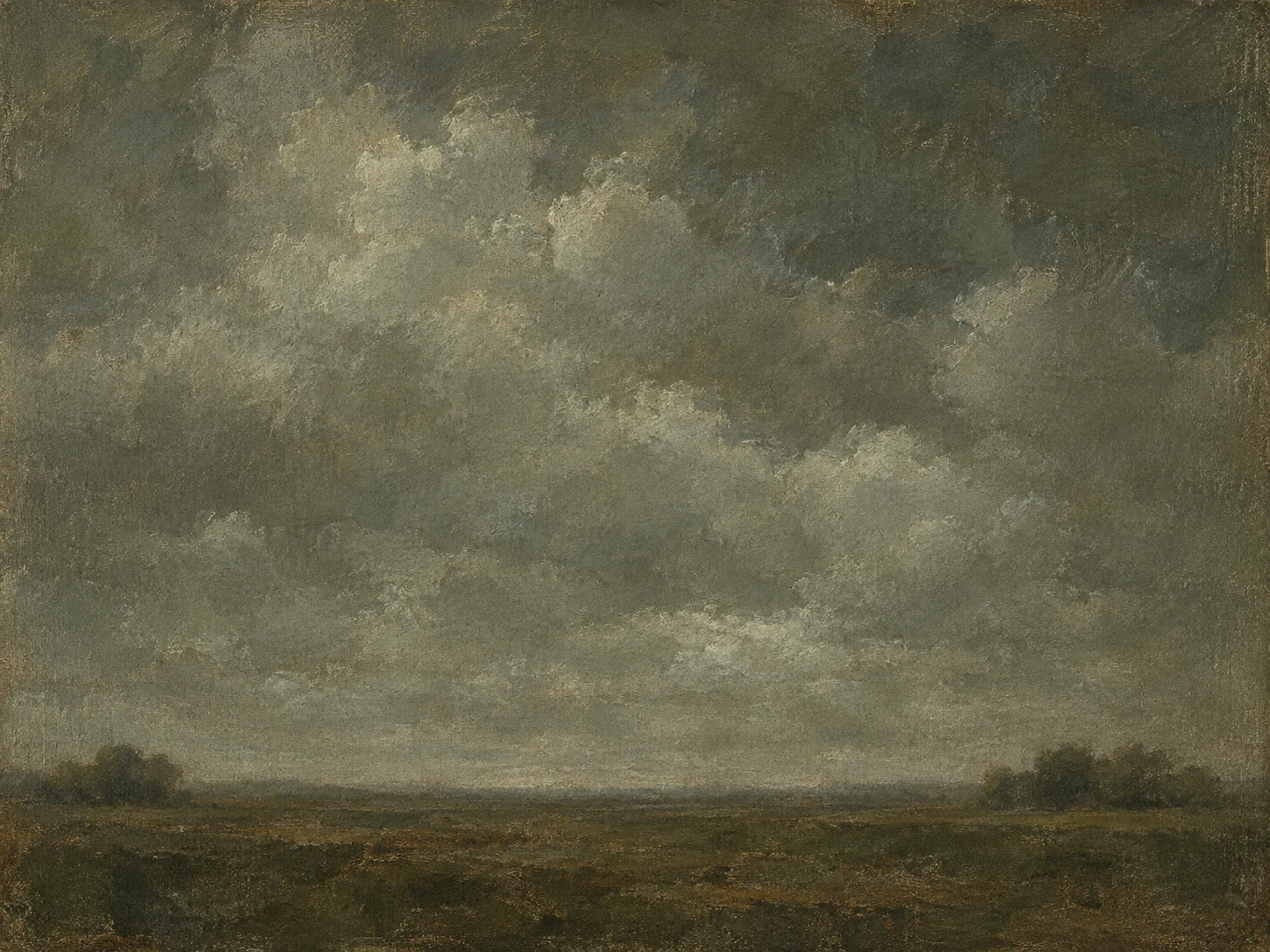 A dust haze over a flat horizon in olive, taupe, charcoal, brown; landscape artwork.