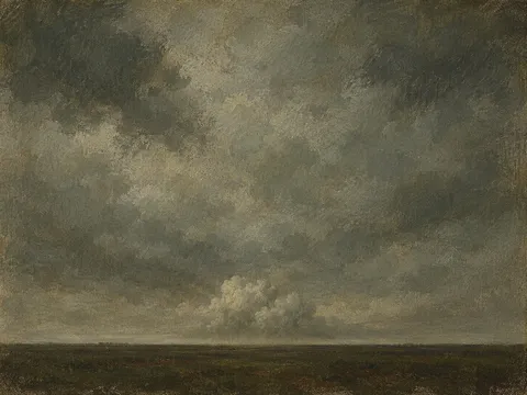 A dust haze over a flat horizon in olive, taupe, charcoal, forest green; landscape artwork.
