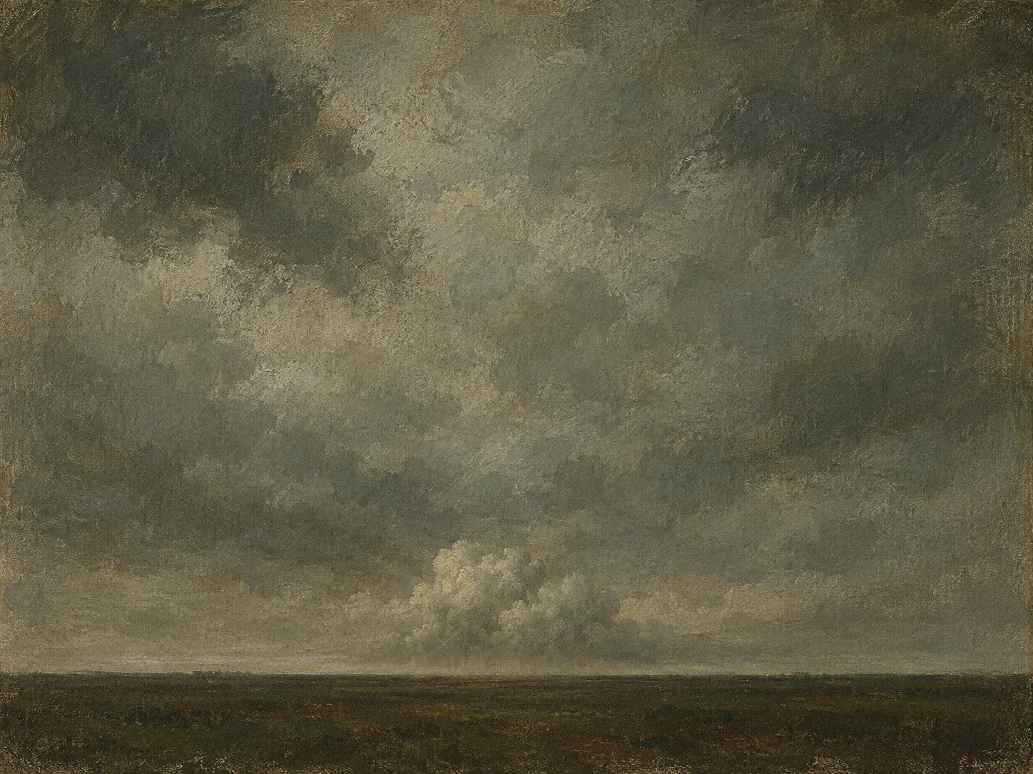 A dust haze over a flat horizon in olive, taupe, charcoal, forest green; landscape artwork.